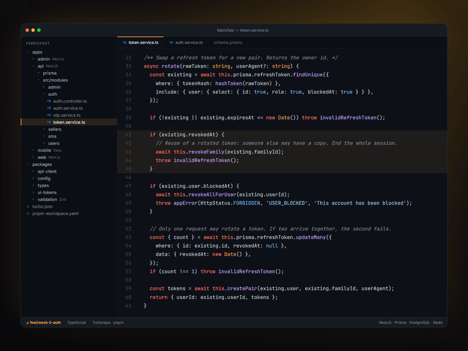 The FabricFast monorepo: refresh-token rotation with reuse detection in the NestJS API