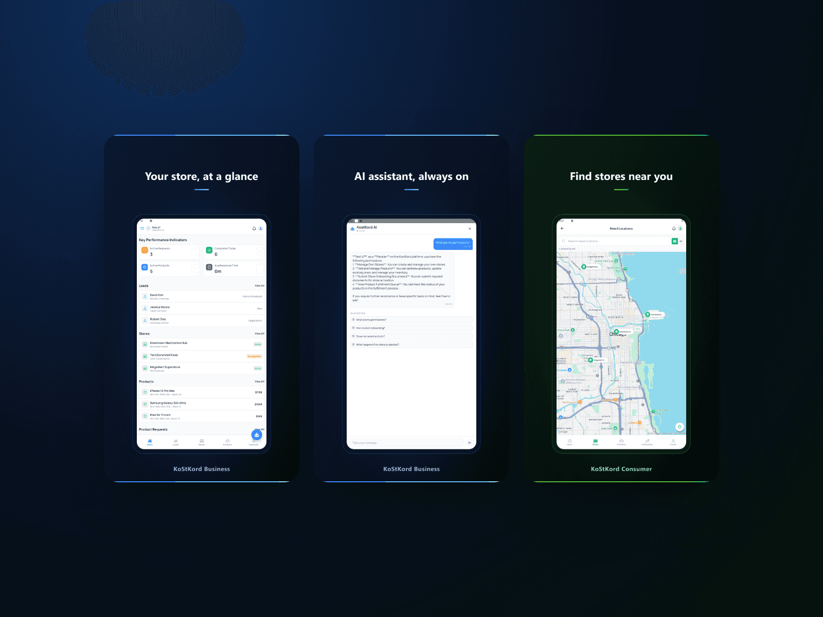 Business app home, AI assistant and Consumer store map