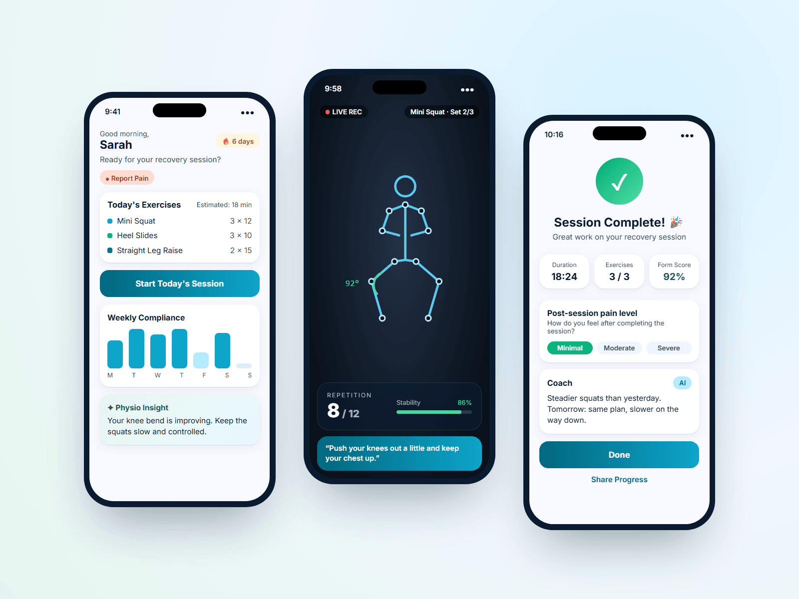 Patient app: home, live exercise with pose tracking, session summary