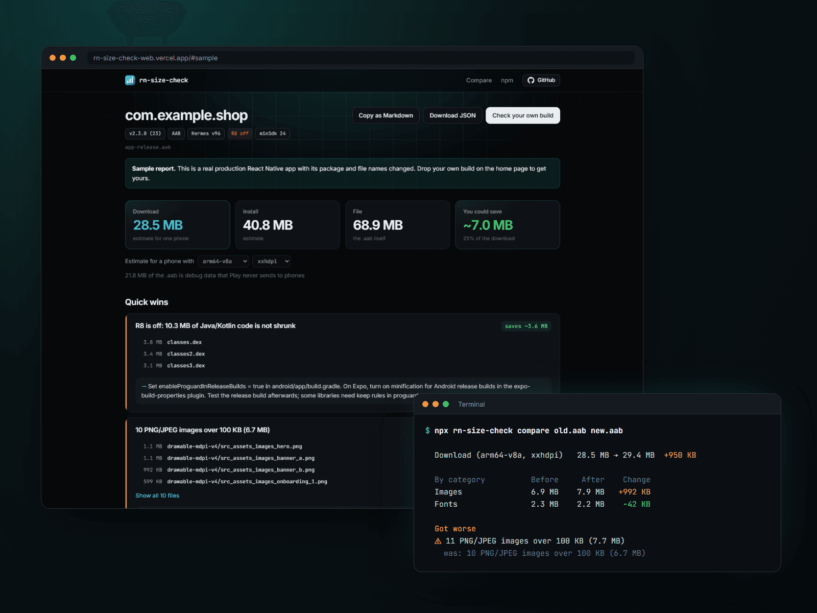 Sample report on the live website, and the compare command in the terminal