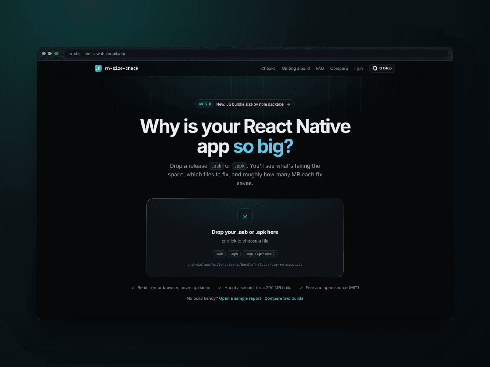rn-size-check website: drop a build, get the report in the browser