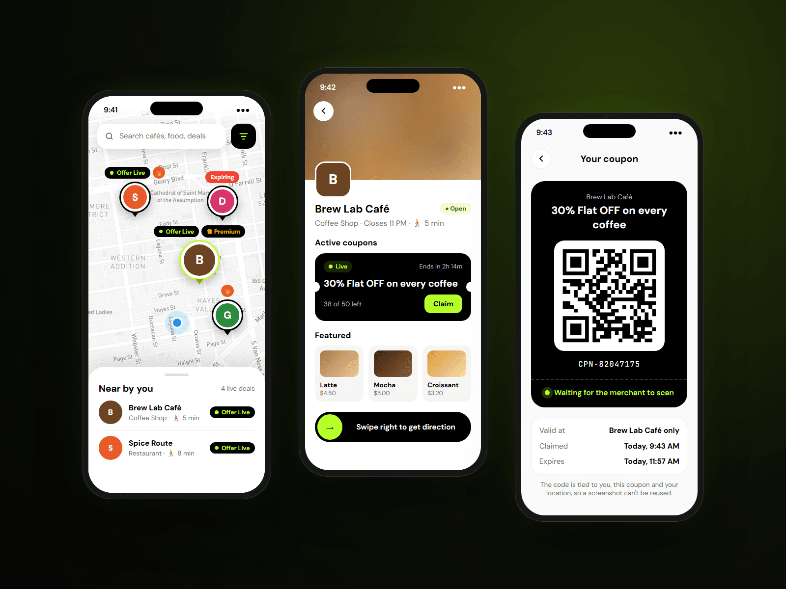 Deals app: live deals map, store page with coupons, and a QR coupon