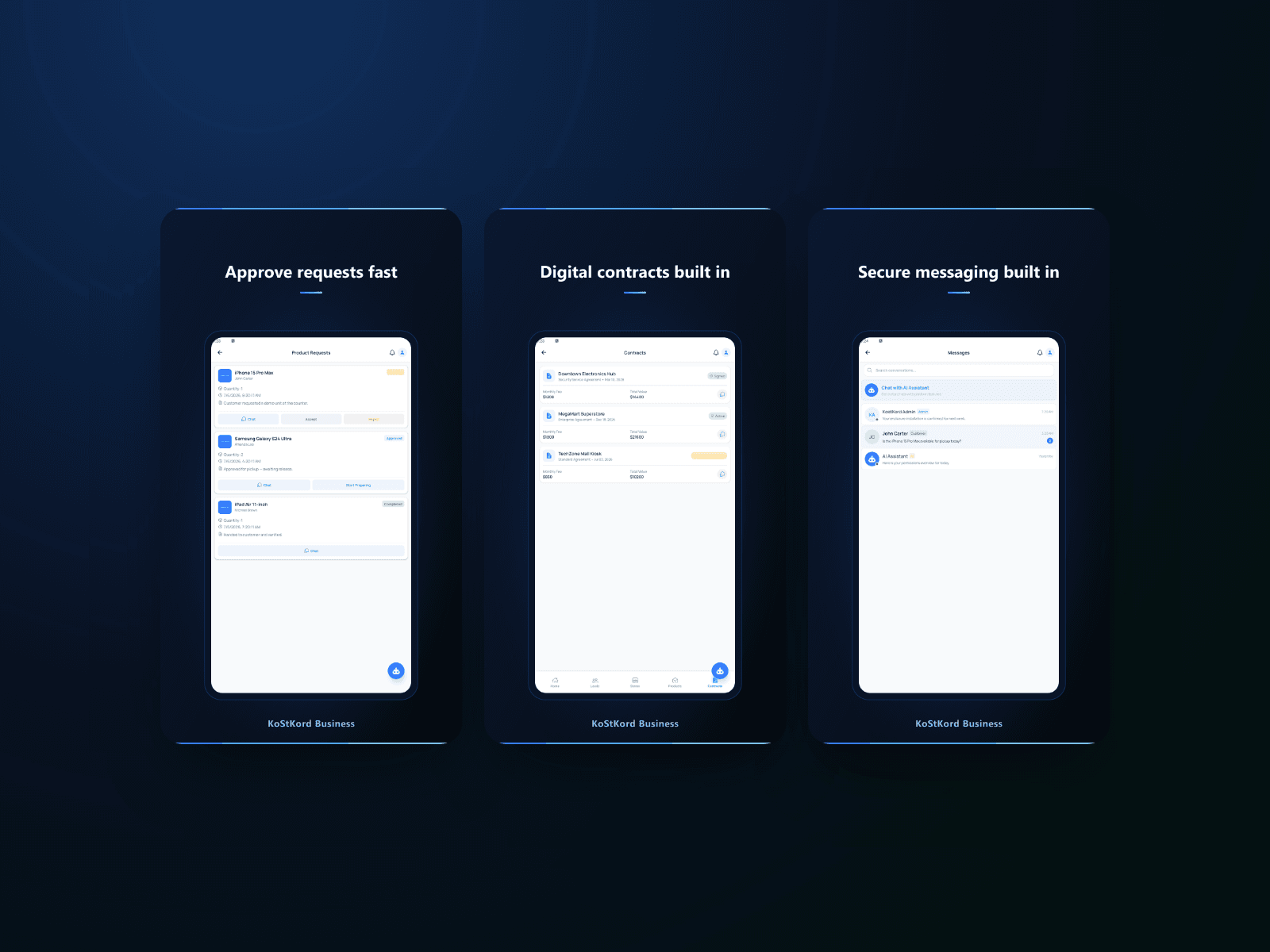 Business app: product requests, contracts and messages