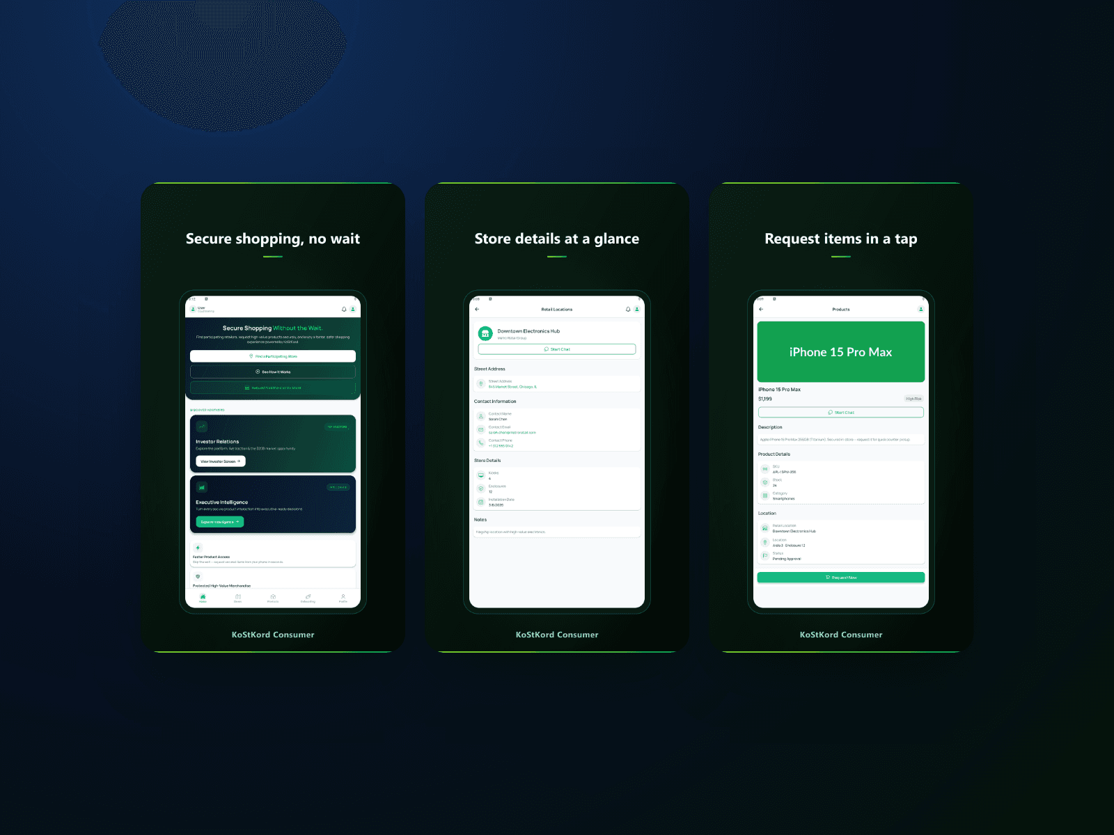 Consumer app: home, store detail and product detail